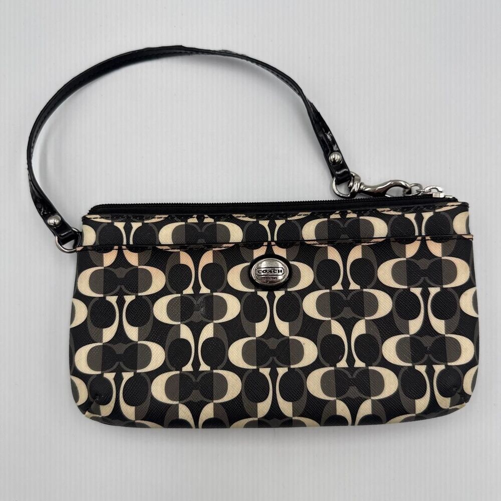 Coach Women's Black and White Coated Canvas Wristlet
